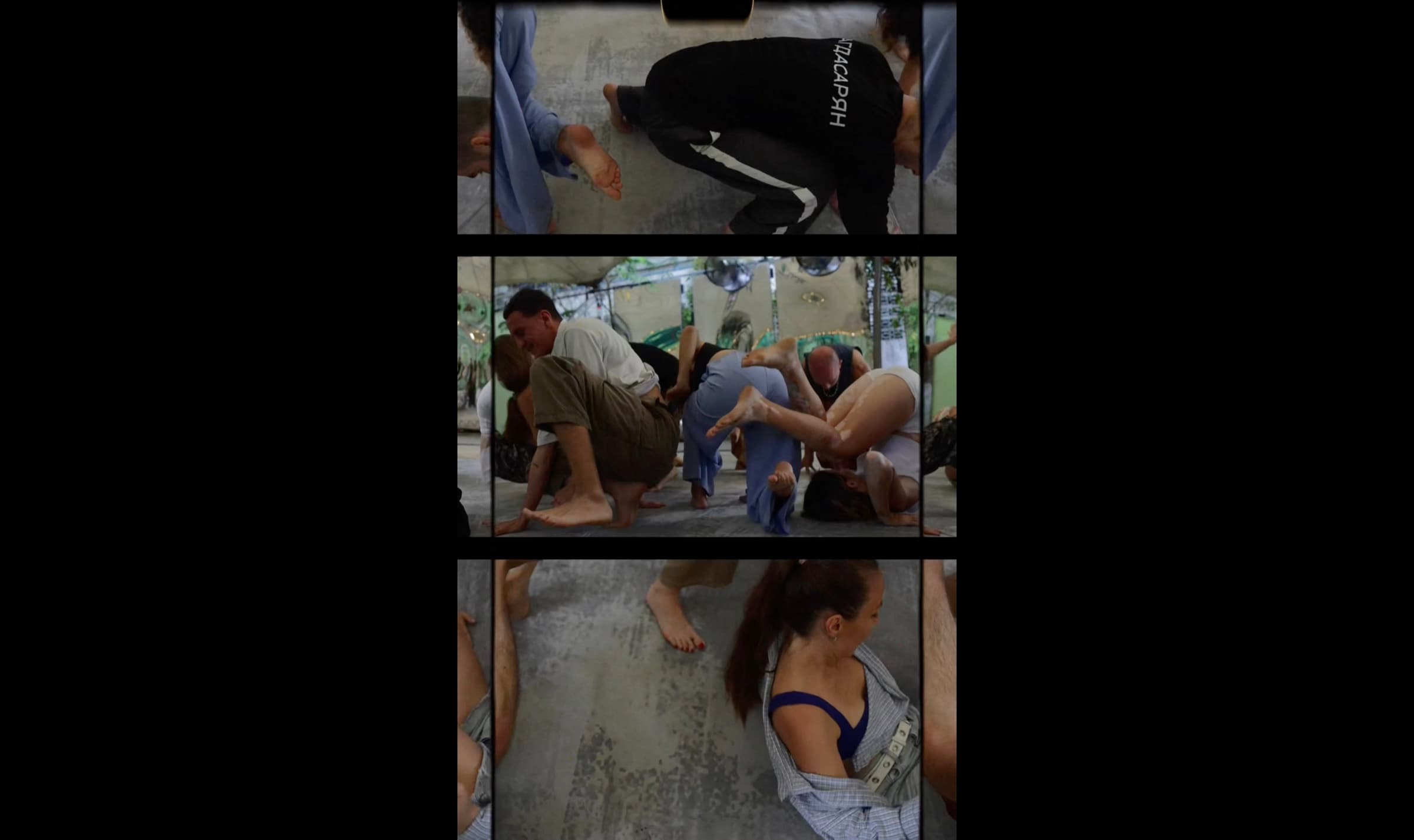 A three-panel film collage of workshop participants exploring contact and movement in a mirrored studio.