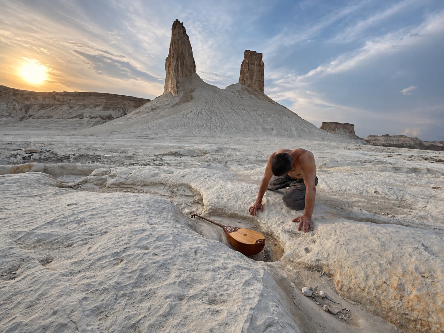 Kolya Bagdasaryan kneeling beside a dombra in the Bozzhyra landscape at sunset.